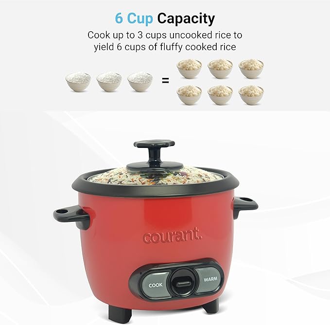Courant Rice Cooker 6-Cup (Cooked) Removable Non-Stick Bowl One Touch Rice Cooker Red