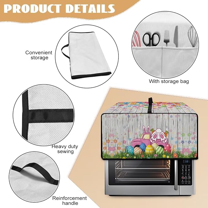 Toaster Oven Air Fryer Cover Bunny Easter Egg Printed Bread Maker Covers with Accessory Pockets Kitchen Small Appliance Protector Washable Machine Easter Decor M