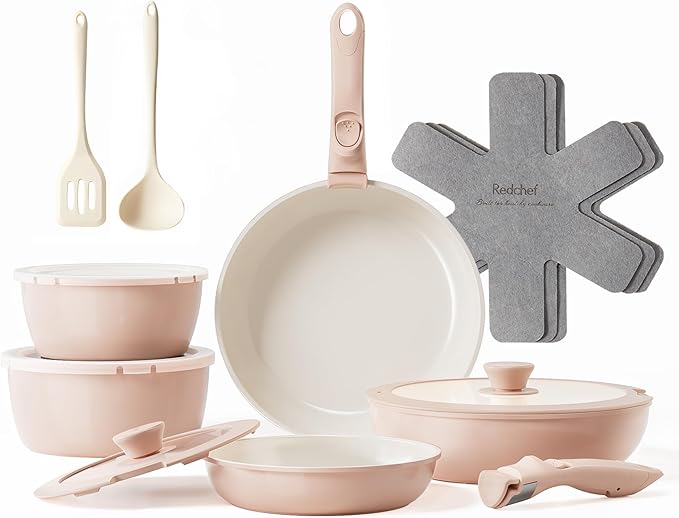 Redchef 16pcs Ceramic Pots and Pans Set Non Stick Nonstick Kitchen Cookware Set with Detachable Handle Non Toxic PFAS PFOA &amp PTFE Free RV Cookware Set for Camping Dishwasher/Oven Safe (Pink)