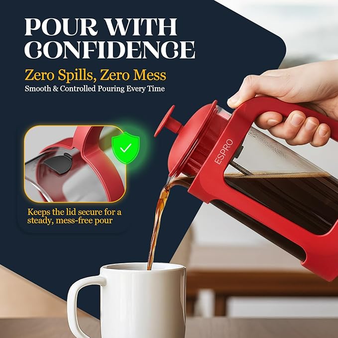 ESPRO P3 French Press Coffee Maker – Patented Double Micro-Filter for Grit-Free Brew Heat Resistant thicker Borosilicate Glass Coffee press – Red (32oz)