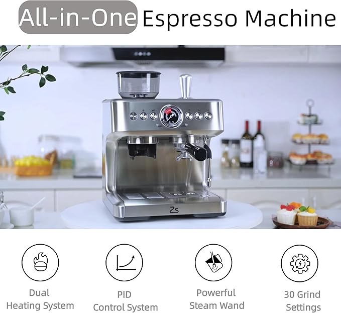 20 Bar Espresso Coffee Machine with Integrated Grinder 15 Grind Settings Stainless Steel Home Coffee Maker Steam Wand for Cappuccino &amp Latte Large 2.8l Removable Water Tank Professional Brewi