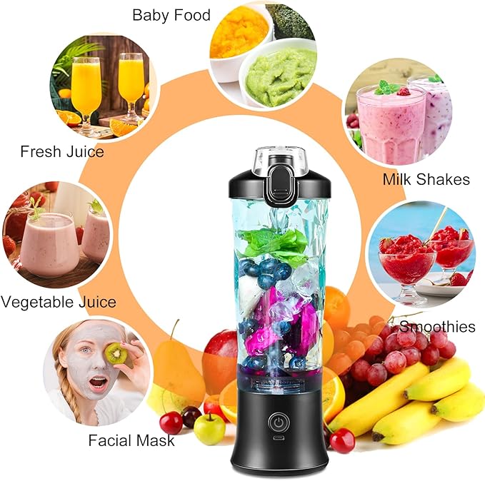 Portable BlenderPersonal Size Blender for Shakes and Smoothies with 6 Blades20 Oz Mini fresh juicer Blender Cup USB rechargeable with Travel Lid for HomeOffice &amp Gym (Diamond Black)