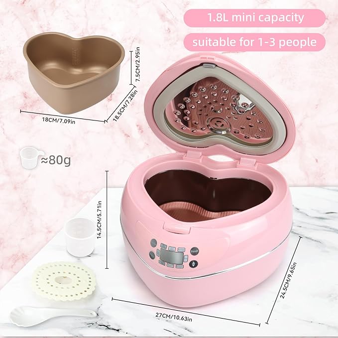 Heart Shaped Pink Rice Cooker Small Multifunctional Peach Heart Shape 300W High Power Preset Timer Automatic Heat Preservation Cute Rice Cooker for New Year Valentine's Day Gifts (1.8L 4Cups)