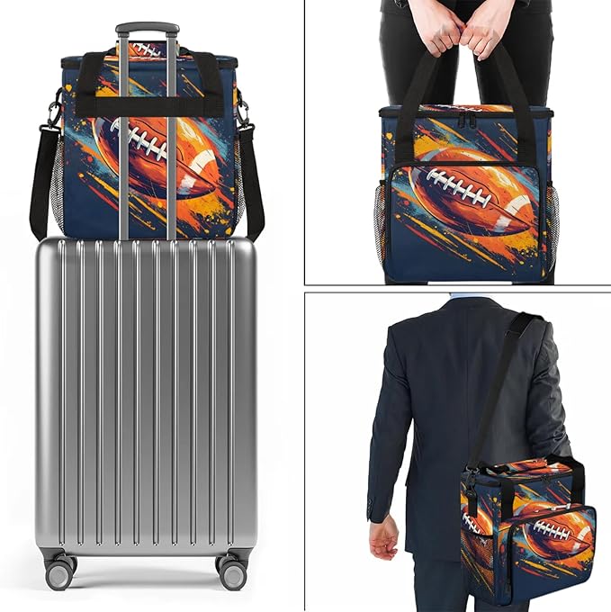 Football Pattern Coffee Maker Carring Bag Large Insulated Storage Organizer Case Tote Bags with Shoulder Strap for Travel Work Picnic