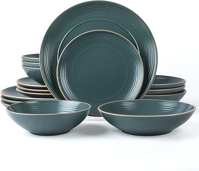 RINGAR Round Stoneware 16pc Double Bowl Dinnerware Set for 4 Dinner Plates Side Plates Cereal Bowls Pasta Bowls - Speckle Matte Green (431952)