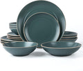 RINGAR Round Stoneware 16pc Double Bowl Dinnerware Set for 4 Dinner Plates Side Plates Cereal Bowls Pasta Bowls - Speckle Matte Green (431952)