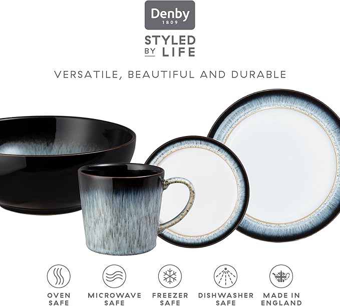Denby - Halo Dinner Set for 4-16 Piece Tableware - Dishwasher Microwave Safe Stoneware Crockery - Reactive Glaze Black Grey Colour - Set of 4 Dinner Plates Small Plates Cereal Bowls Coffee Mugs