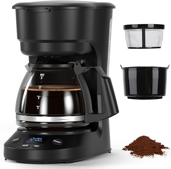 5-Cup Programmable Drip Coffee Maker a compact coffee machine with a digital clock and 24-hour programmable timer featuring Auto Shut-Off and a Removable Filter Basket for Home &amp Office.
