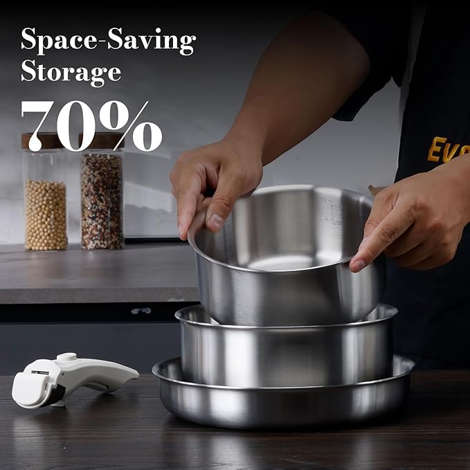 14 pcs Stainless Steel Cookware Set Detachable Pots and Pans Set with Removable Handle Non Toxic Space Saving RV Camping Cookware Set Induction Cookware Dishwasher &amp Oven Safe