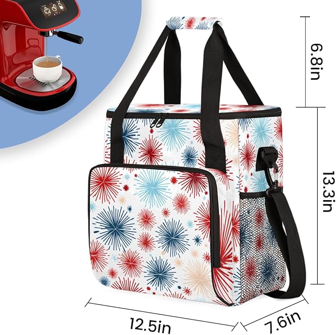 4th of JulyRed Fireworks Coffee Maker Carrying Bag Travel Storage Bag Compatible with K-Mini or K-Mini Plus Single Serve Coffee Brewer Carrying Case with Multiple Pockets &amp Shoulder Strap