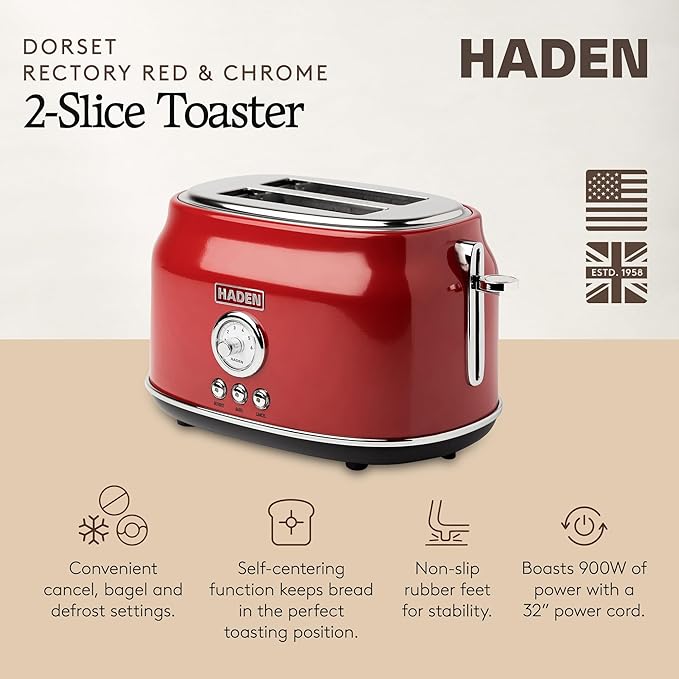 Haden Dorset 2 Slice Wide Slot Stainless Steel Toaster with Adjustable Browning Control &amp Non-Slip Feet Rectory Red