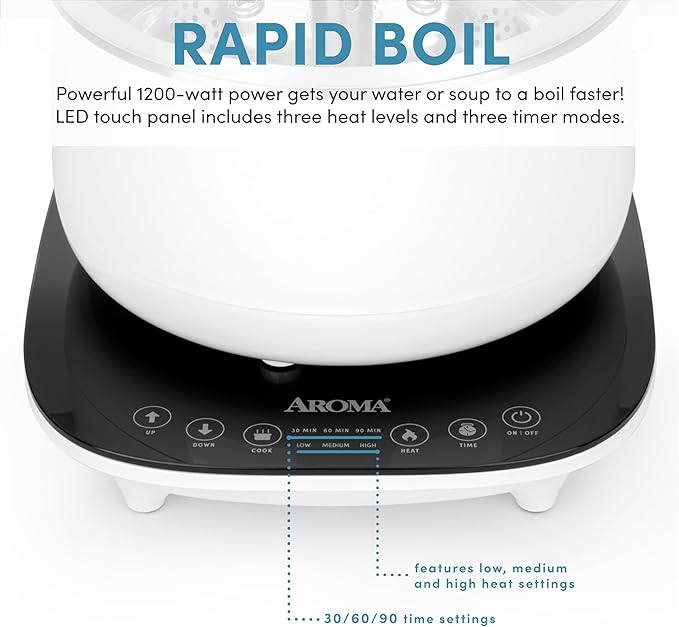 Aroma Housewares 2.5-Liter Smart Electric Hot Pot &amp Rapid Boil Steamer with Automatic Stainless Steel Steamer Basket Lift White ASP-700