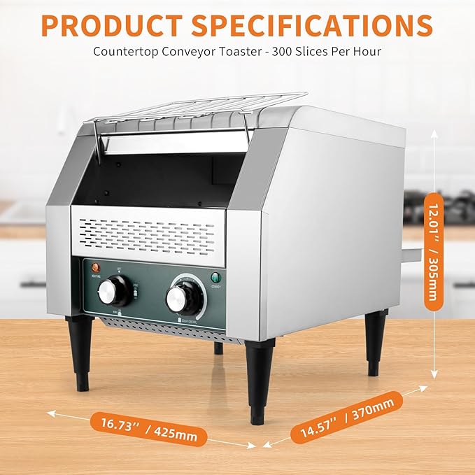 High-Capacity Commercial Conveyor Toaster 1800w 110v for 450 Slices Per Hour Stainless Steel Construction with 7 Browning Settings &amp Timer Ideal for Restaurant Bagel Shop Bakery Buffet