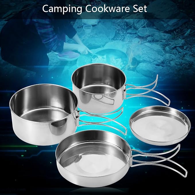 4 Pcs Portable Cookware Set Stainless Steel Combination Cookware Camping Kitchenware Pan Pot Plate Tableware for Outdoor Cooking