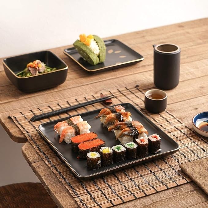 16 Piece Modern Trendy Art Porcelain Square Dinnerware Sets Embellished Gold Leaves Design Microwave &amp Dishwasher Safe Black Dinnerware Sets for 4 Large Dinner &amp Salad Plates Deep Bowls and