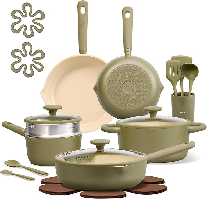 CAROTE 21pcs Cookware Set Nonstick Pots and Pans Set Ceramic Cookware Set Induction Cookware Non toxic Healthy Non Stick Kitchen Cooking Set PFAS PTFE Free