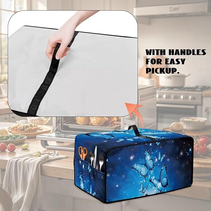 Faux Linen Polyester Toaster Oven Cover Scratch Resistant Appliances Dust Cover with Top Handle Storage Pockets for Home Kichen Appliances Butterfly Sea Surface
