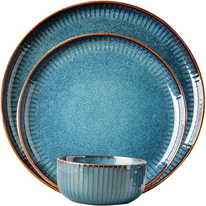Blue Dinnerware Sets Plates and Bowls Sets Stoneware Dish Set Round Reactive Glaze Stoneware Dinnerware Set (24 Pieces)