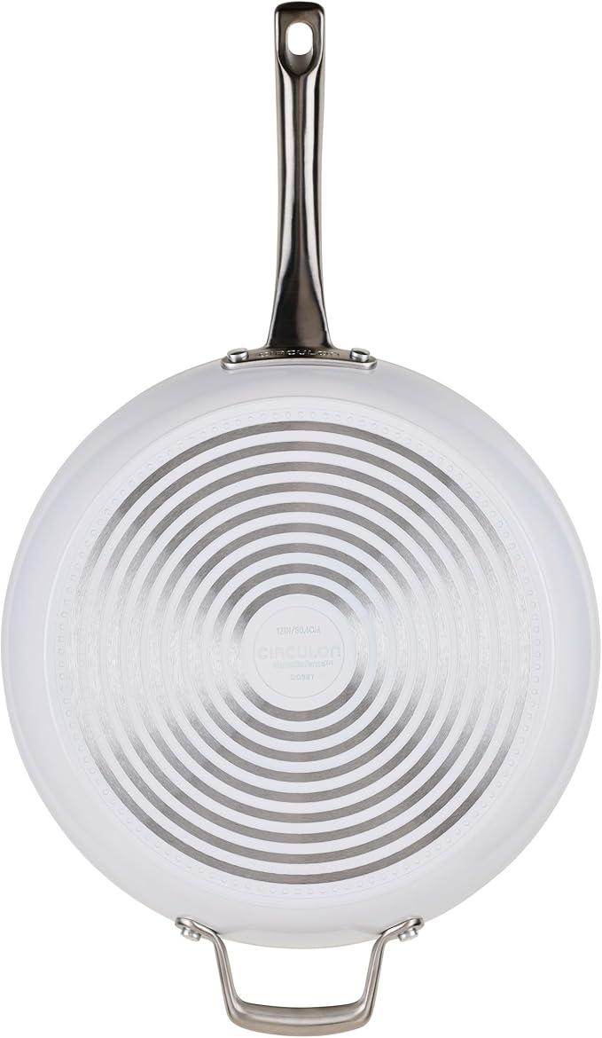Circulon Halo with LaserDefense Ceramic Nonstick Frying Pan with Helper Handle and Lid Made without PFAS Compatible with All Stovetops Dishwasher and Oven Safe 12 Inch Skillet - Pearl White