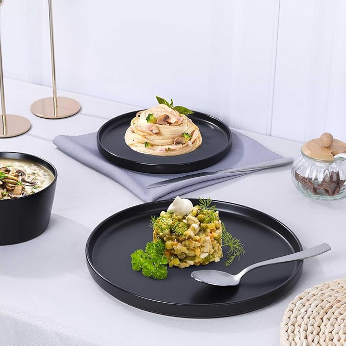 18‑Piece Stoneware Dinnerware Set in Matte White Modern Plates and Bowls for Everyday Meals and Special Occasions Dishwasher &amp Microwave Safe (Black)
