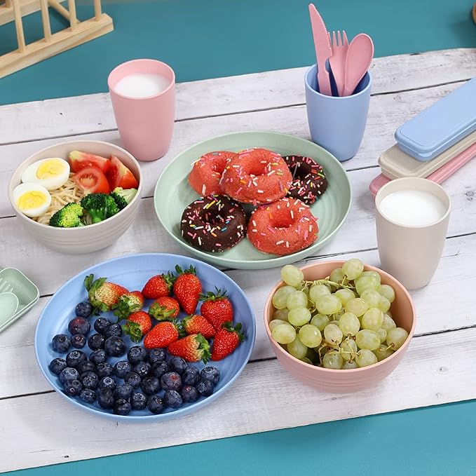 Wheat Straw Dinnerware Sets for 4 Wheat Straw Plates and Bowls Sets Kitchen Dishes 28pcs College Dorm Room Essentials Cutlery Set Microwave Safe (Colorful)