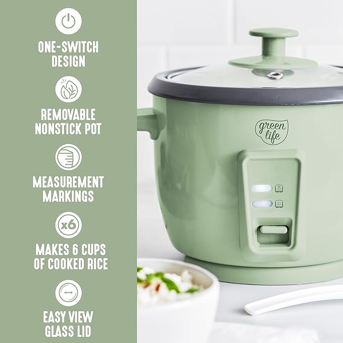 GreenLife Rice Cooker with Removable PFAS-Free Ceramic Nonstick Pot 3-Cups Uncooked/6-Cups Cooked Grains &amp Oatmeal Multicooker Compact One-Switch Design Auto Keep Warm Easy Clean Sage Green