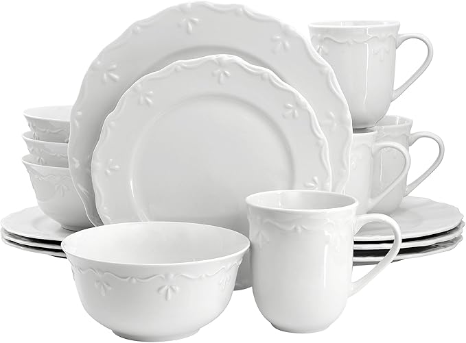 Elama Henryi 16 Piece Embossed Rim Detail Porcelain White Dinnerware Set Tableware Set Serveware (16 Piece)