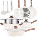 NEWBULIG 17-Piece Nonstick &amp Non-Toxic Pots and Pans Set Cookware with Stay-Cool Handles Induction Compatible Cream White