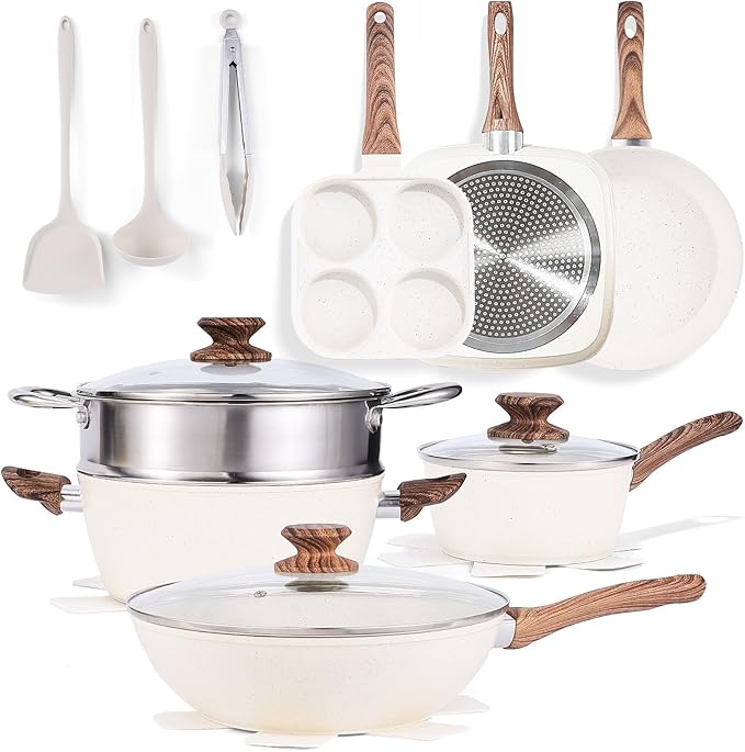 NEWBULIG 17-Piece Nonstick &amp Non-Toxic Pots and Pans Set Cookware with Stay-Cool Handles Induction Compatible Cream White