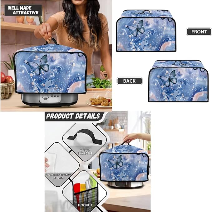 Butterfly Blue Marble 4 Slice Toaster Dust Cover (12.4x10.63x8.27Inch )Slow Cooker and Blender Cover with Top Handle Crock Pot Keep Appliance Clean for Christmas Decor Set