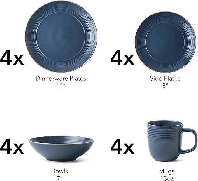 RINGAR Round Stoneware 16pc Dinnerware Set of 4 Dinner Plates Side Plates Cereal Bowls Mugs - Speckle Matte Blue (428051)
