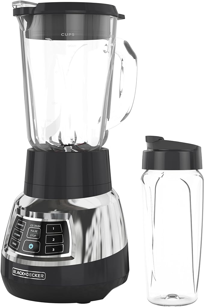 Black+Decker Quiet Blender with 6-Cup Cyclone Glass Jar 3 Speeds + 3 Functions &amp Serrated Blade Technology for Faster Blending Pulse Button and 24-oz Personal Jar 900W (Renewed)