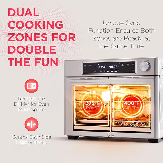 Ivation Dual Zone Air Fryer French Door Oven - 32 Quatity Convection Toaster Combo 10-in-1 Multifunction Up to 450° - 1800W - Temperature Control Timer - Stainless Steel - Dehydrate Bake Roast