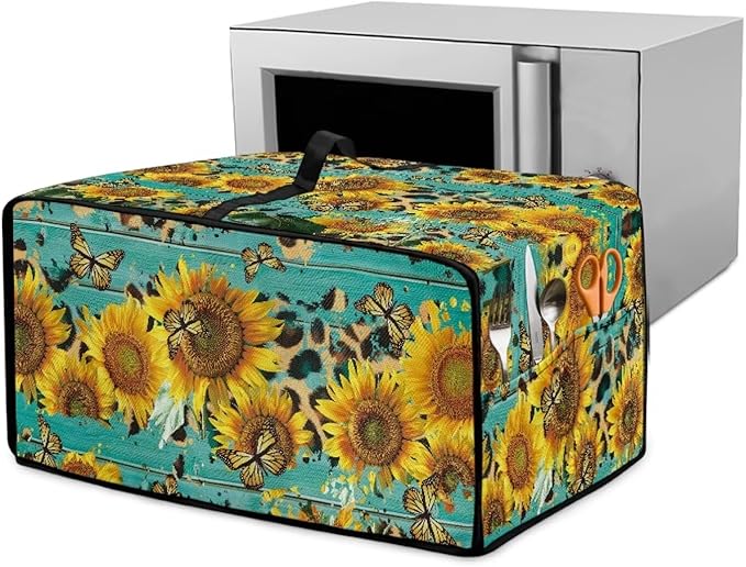 Sunflower Butterfly Print Toaster Oven Dust Cover Wooden Board Print Heat-resistant Heavy Duty Microwave Oven Protective Cover Air Fryer Covers (Medium-16.1×19.71×10 inches)