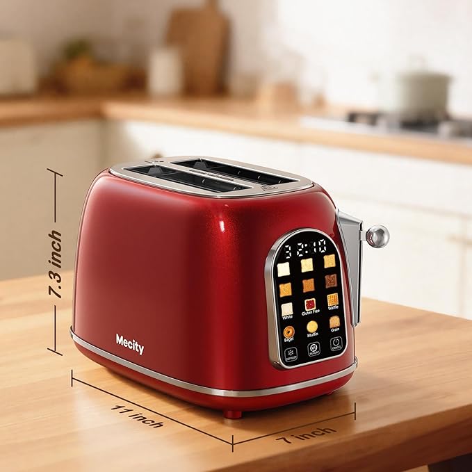 Mecity Toaster 2 Slice Touch Screen Wide Slot Retro Toaster For Breads Bagel Muffin Waffle House Warming Gift New Home 120V 825W Red Pearl