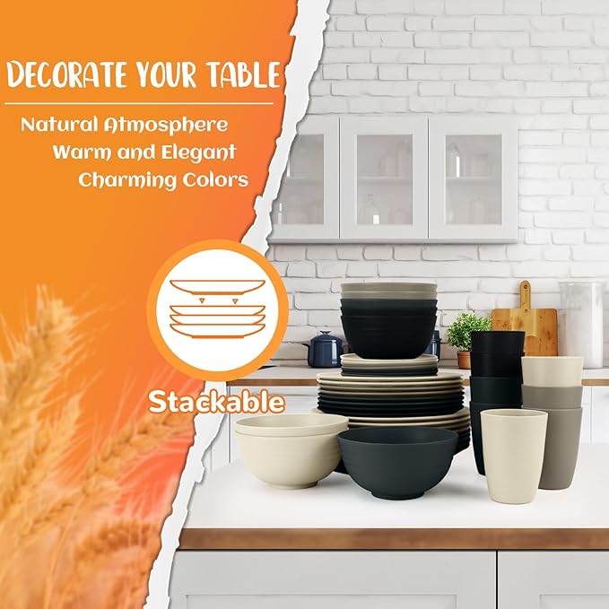 40 PCS Wheat Straw Dinnerware Set | Service for 8 Plastic Dishes Set Unbreakable Plates and Bowls Sets Drinking Glasses Dishwasher and Microwave Safe Dish Set for KItchen - Gray Stone