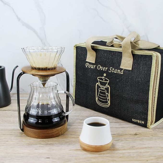 SOTECH Pour Over Coffee Station Dripper Stand Coffee Filter Wooden Filter Holder Glass Server with Paper Coffee Filters Coffee Maker Stand Set for Coffee Tea and Saffron