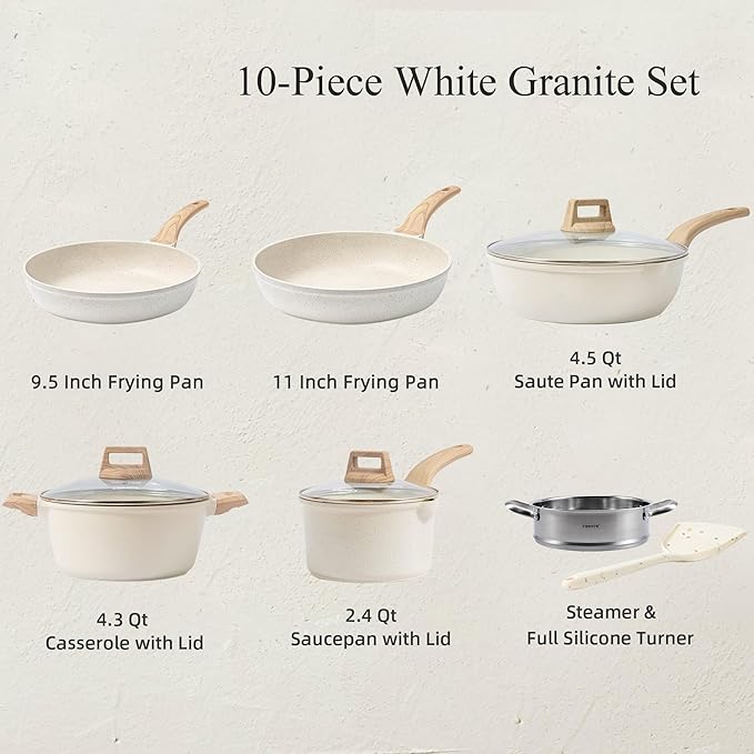 Nonstick Pots and Pans Set 10 Pcs Healthy Non Stick Induction Stone Cookware Kitchen Granite Cooking Set for All Stoves Includes Induction Oven Safe PFOA &amp PFAS Free