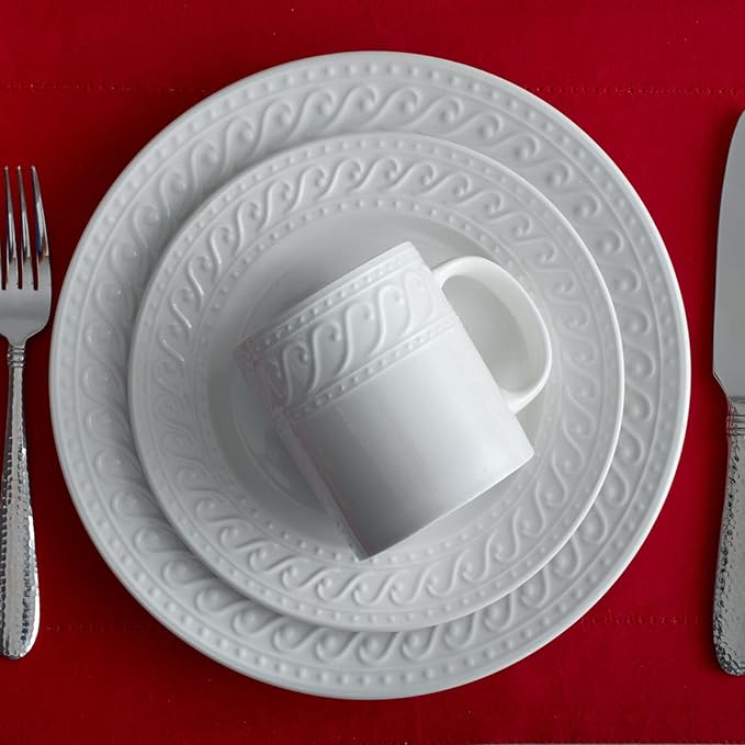 Pfaltzgraff Sylvia 32-Piece White Dinnerware Set Service for 8 Durable Stoneware Plates Bowls and Mugs Microwave and Dishwasher Safe