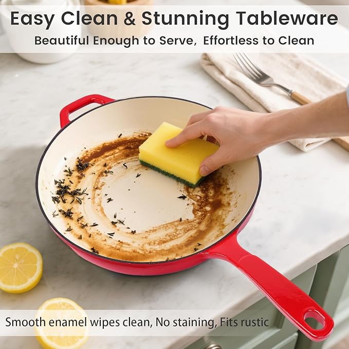Hisencn Enameled Cast Iron Frying Pan Set 3 Piece Set of 8''/9.5''/11'' Skillets PFAS &amp PTFE &amp PFOA Free Gas/Induction/Electric/Oven Compatible Rouge Red