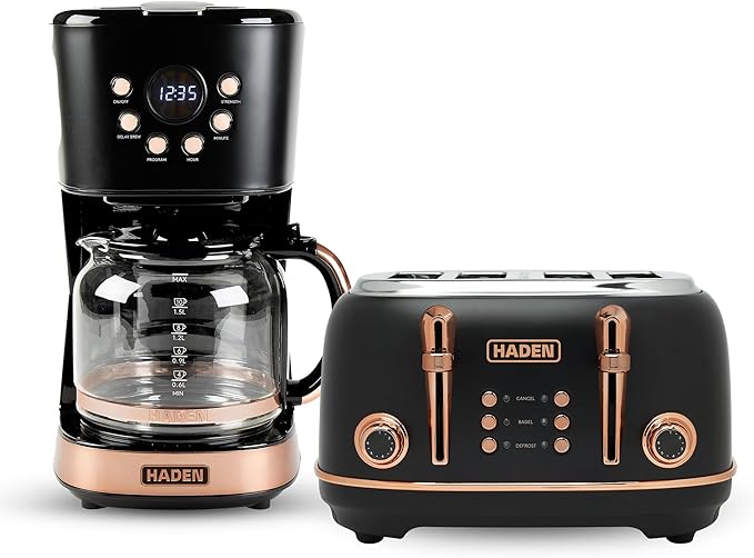 Haden Heritage 4 Slice Wide Slot Stainless Steel Toaster Bundled with 12 Cup Programmable Drip Coffee Maker Coffee Machine Black &amp Copper