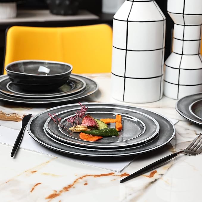 Melamine Dinnerware Sets- 12pcs Melamine Plates and Bowls Set for 4 Suitable for Indoor and Outdoor Use Black