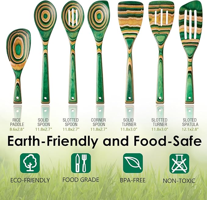 Wooden Spoons for Cooking Pakkawood Kitchen Utensil Set Oasis Color Premium Durable Wooden Utensils for Nonstick Cookware Heat Resistant Smooth Finish Comfortable Grip 7 Piece