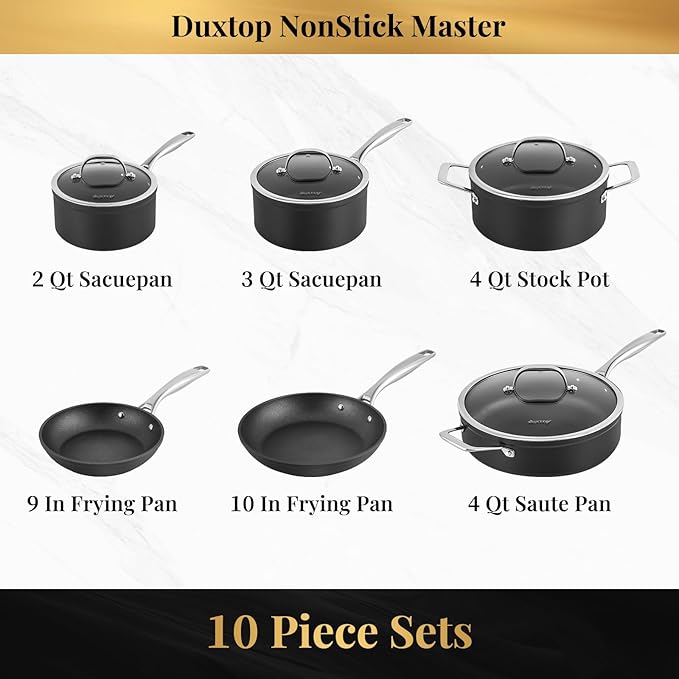 Duxtop Hard-Anodized Nonstick Cookware Set 10 PCS Anti-Scratch Pots and Pans Set Aluminum Kitchen Induction Cookware PFAS-Free Oven Safe to 500 °F Dishwasher Safe Black
