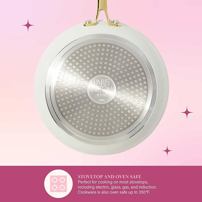 Paris Hilton Iconic Nonstick Pots and Pans Set Multi-layer Nonstick Coating Matching Lids With Gold Handles Made without PFOA Dishwasher Safe Cookware Set 10-Piece Cream