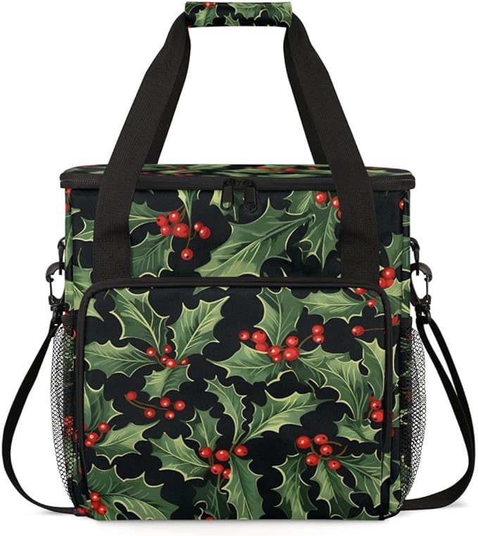 Holly Berry Flowers Coffee Maker Carrying Bag Glitter Flowers Travel Storage Bag Compatible with K-Mini or K-Mini Plus Single Serve Coffee Brewer Carrying Case with Multiple Pockets &amp Shoulder S