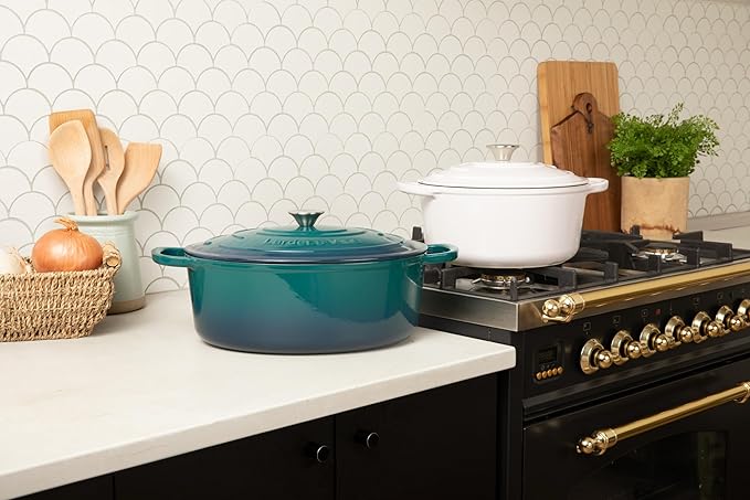 Larder &amp Vine 4-Piece Enameled Cast Iron Cookware Set: 8 Quart Dutch Oven with Lid 3.6 Quart Braiser with Lid Cast Iron Cookware with Oversized Handles Oven Safe up to 500°F (Bondi)