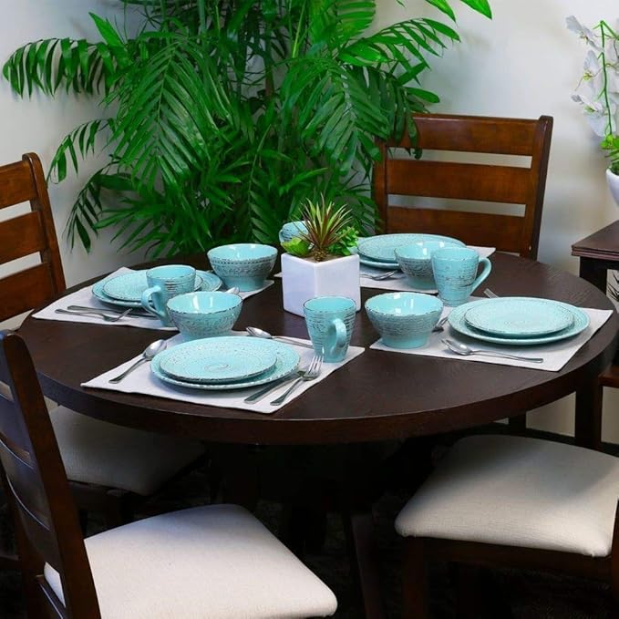 16 Piece Traditional Rustic All Seasons Durable Stoneware Farmhouse Dinnerware Set Dishwasher Safe Turquoise Subtle Swirl Pattern Round Dinner Plate Dessert Plates Bowls Mugs Dinnerware Set for 4