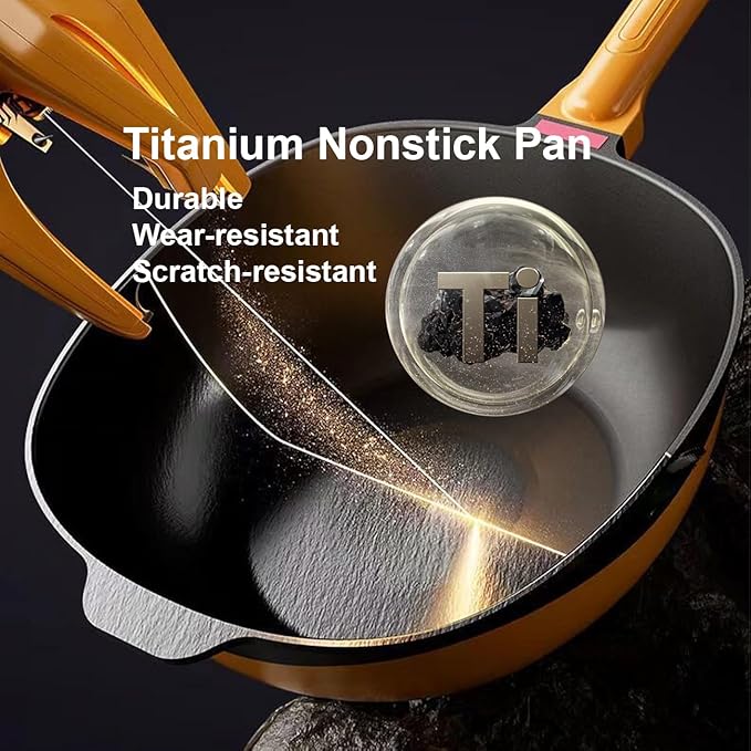 Titanium Cookware Set with Lids Titanium Nonstick Pan Premium Titanium Non-Stick Cookware for Healthy Effortless Cooking Titanium Pan SetYellow32 cm