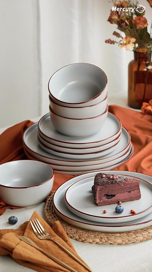Famiware Mercury 16 Pieces Dinnerware Set with Plates and Bowls and Coffee Mugs Dish Set Service for 4 Stoneware Kitchen Dishes Dinner Sets - Matte Full Glaze Light Grey